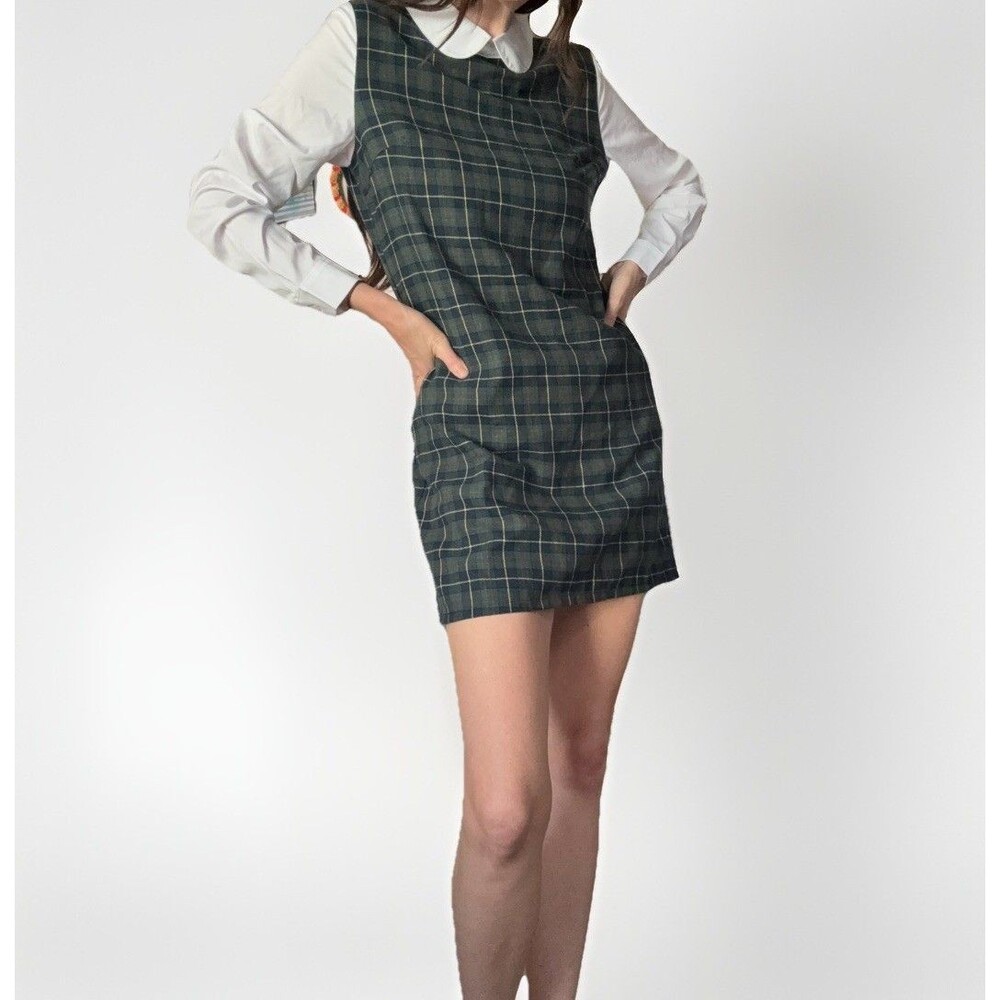 Allegra K Green White Plaid Collared Sleeveless Mini Shift Dress Size S